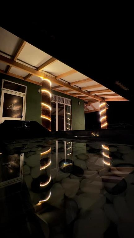 Resort terrace illuminated at night